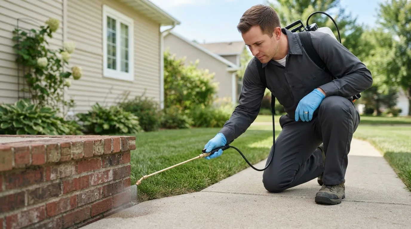 Pest control technician treating a home near Courtenay, ND