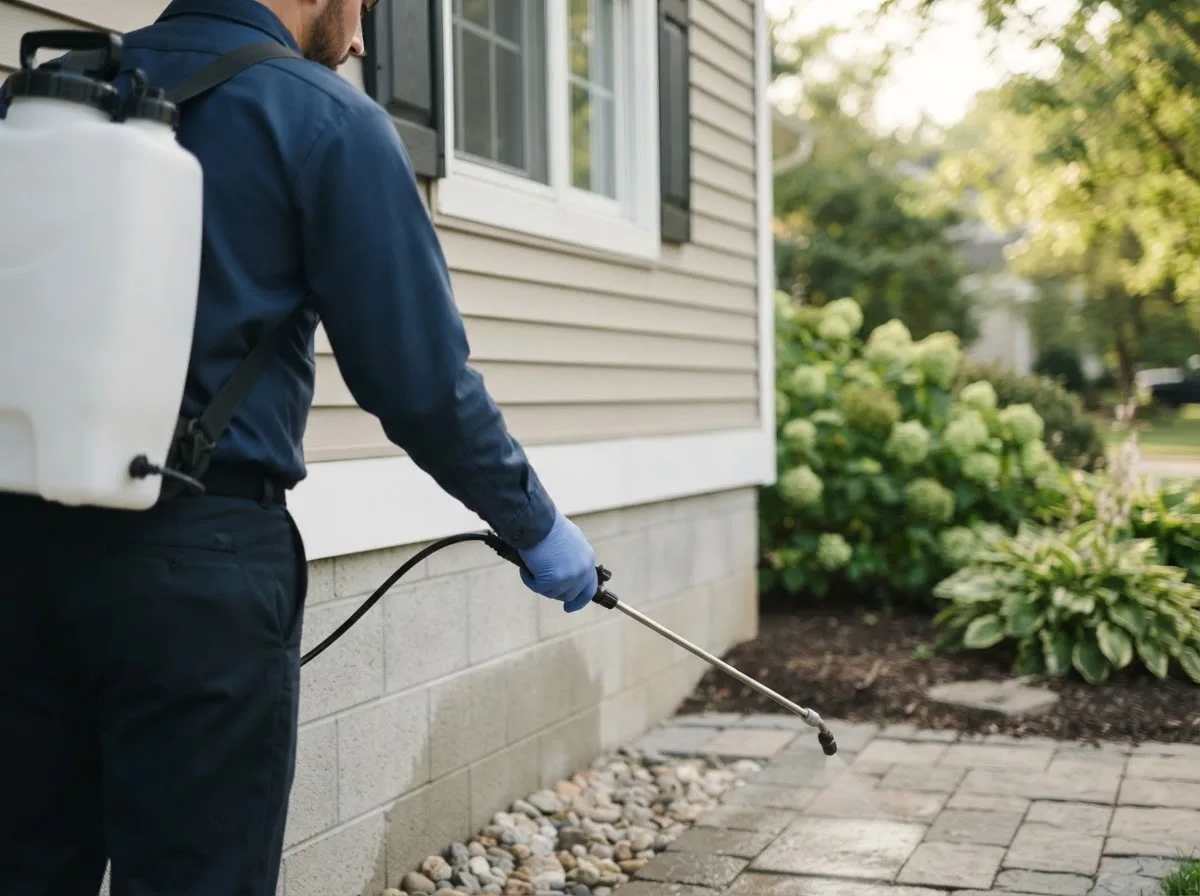 Pest control technician inspecting a home in Courtenay, ND